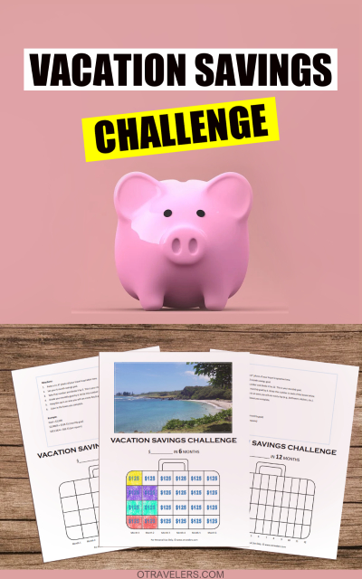 Vacation Savings Challenge with piggy bank and money savings challenge printables